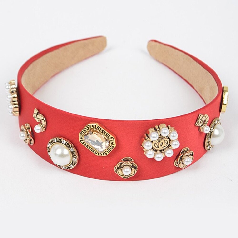 BNWT Brand New Bejeweled Crystal Pearl Red Satin Headband